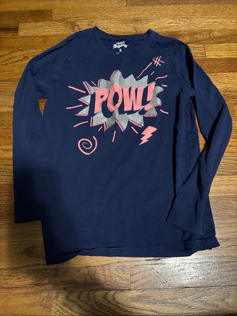 Osh Kosh girls size 8 long sleeve “POW!” navy blue graphic tee